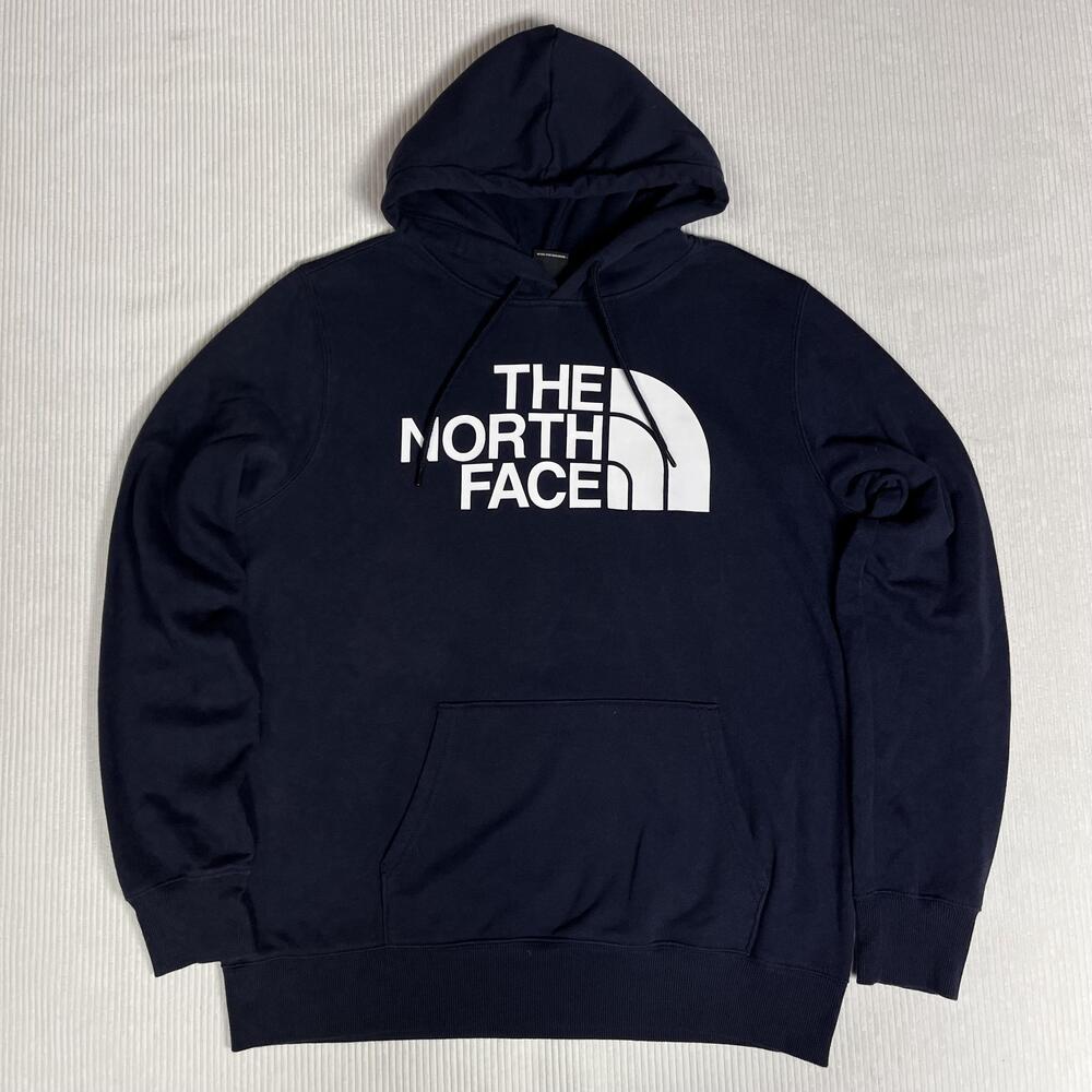The North Face Hoodie Mens Large Blue Pullover Fleece Big Logo Kangaroo Pocket